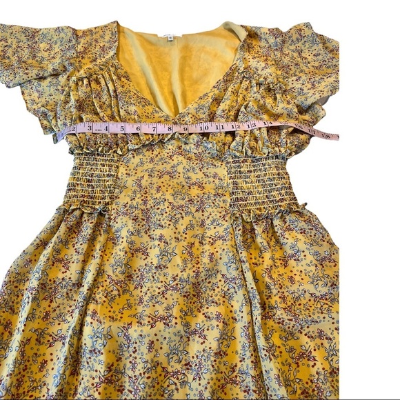 Max Studio Yellow Floral Midi Dress Smocked Waist with Ruffles Women Size Large - Picture 4 of 13